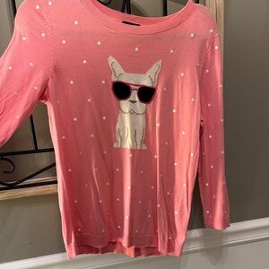 Pink Sweater with Dog and Polka Dots Talbots Sz m petite French bulldog